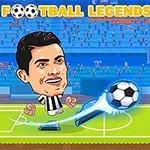 Karykaturalne postacie dwóch piłkarzy z dużymi głowami na boisku, z piłką do piłki nożnej oraz napis Football Legends u góry