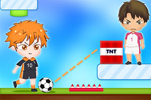 Dwóch rysunkowych bohaterów, z których jeden kopie piłkę w kierunku innego stojącego obok beczki z napisem TNT, na jasnym tle z elementami platformowymi