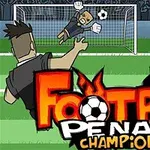 Zawodnik piłkarski strzela rzut karny do bramki z napisem Football Penalty Champions na pierwszym planie