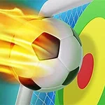 Piłka nożna z płomieniami uderzająca w cel z kolorowymi okręgami na tle siatki