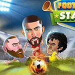 Dwóch piłkarzy z dużymi głowami walczy o piłkę na boisku piłkarskim, z napisem Football Stars w tle