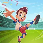 Chłopiec w stroju sportowym kopiący piłkę na tle stadionu