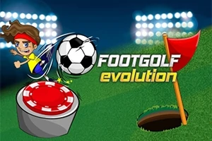 Postać z opaską na głowie kopiąca piłkę przy fladze dołka na tle oświetlonego boiska z napisem Footgolf Evolution