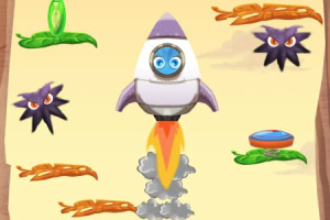 Rakieta z kreskówkowymi oczami startująca między latającymi stworkami i platformami w kolorowym, rysunkowym stylu