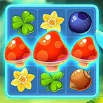 Postać z niebieskimi włosami i skrzydłami w różowej sukience znajduje się obok planszy z czerwonymi grzybami, koniczynkami, kwiatkami, żołędziem i jagodą