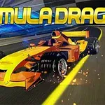 Samochód wyścigowy w dynamicznym ruchu na torze, z napisem FORMULA DRAG u góry