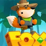 Lis w kapeluszu i zielonej chuście stojący na napisie FOX na tle lasu