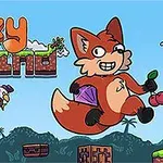 Czerwony lisek trzymający diament i wisienki skacze w kreskówkowym lesie, z kolorowym napisem w tle