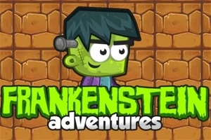 Zielona postać z czarnymi włosami na tle ceglanej ściany z napisem Frankenstein Adventures