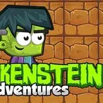 Zielona postać z czarnymi włosami na tle ceglanej ściany z napisem Frankenstein Adventures