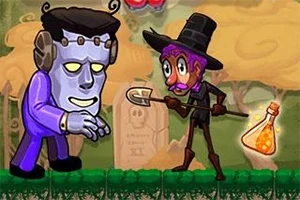 Postać w fioletowym stroju z twarzą zombie i postać w czarnym kapeluszu trzymająca fiolkę i łopatę na tle lasu