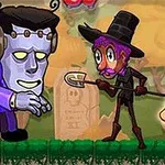 Postać w fioletowym stroju z twarzą zombie i postać w czarnym kapeluszu trzymająca fiolkę i łopatę na tle lasu