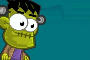 Zielony animowany potwór z dużymi oczami, czarnymi włosami i śrubami w głowie, ubrany w fioletowy strój na niebieskim tle