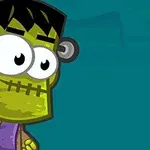 Zielony animowany potwór z dużymi oczami, czarnymi włosami i śrubami w głowie, ubrany w fioletowy strój na niebieskim tle