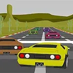 Kolorowe samochody sportowe na wyścigowej trasie na tle zielonego pustynnego krajobrazu z kaktusami