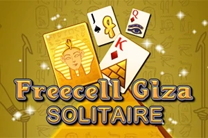 Złote karty z egipskimi motywami oraz napisem Freecell Giza Solitaire na tle hieroglifów