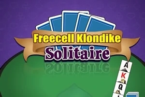 Niebieskie karty do gry na zielonym tle z napisem Freecell Klondike Solitaire