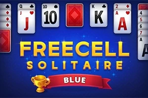 Karty do gry na niebieskim tle z napisem FREECELL SOLITAIRE i czerwoną wstążką z napisem BLUE