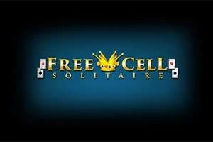 Napis Free Cell Solitaire z żółtą koroną na ciemnoniebieskim tle, otoczony symbolami kart do gry