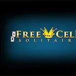 Napis Free Cell Solitaire z żółtą koroną na ciemnoniebieskim tle, otoczony symbolami kart do gry