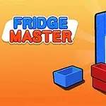 Niebieska lodówka z otwartymi drzwiami na pomarańczowym tle z kolorowymi pudełkami obok