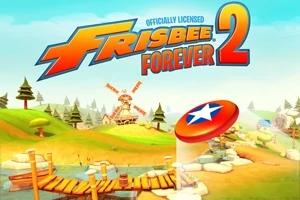 Kolorowa, animowana kraina z wiatrakiem i mostkiem nad rzeką, oraz frisbee z gwiazdą na niebie