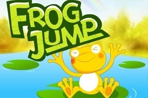 Żółta żaba z uśmiechem siedzi na liściu wodnym na tle stawu i zielonych drzew, z dużym napisem Frog Jump u góry