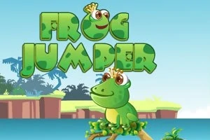 Zielona żaba z koroną siedząca na gałęzi nad wodą z tłem tropikalnego krajobrazu i napisem Frog Jumper