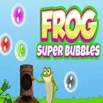 Zielona żaba leży na trawie, a obok niej stoi inna żaba z działem i kolorowe bańki na tle nieba; napis Frog Super Bubbles widoczny po prawej stronie