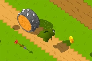 Postać w zielonym stroju ucieka przed dużym, kolczastym kołem po pikselowanej ścieżce obok złotego monety i strzały