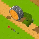 Postać w zielonym stroju ucieka przed dużym, kolczastym kołem po pikselowanej ścieżce obok złotego monety i strzały