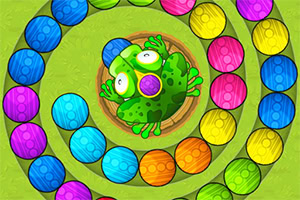 Zielona żaba z dużymi oczami siedzi na pieńku pośrodku spirali z kolorowych kulek na zielonym tle