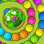 Zielona żaba z dużymi oczami siedzi na pieńku pośrodku spirali z kolorowych kulek na zielonym tle