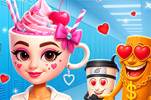 Kobieta z filiżanką pełną różowego lodu na głowie, ozdobioną wiśnią i kokardą, obok postaci w kształcie kubków z zakochanymi oczami, na tle niebieskiego korytarza