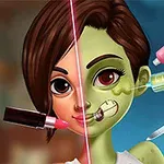 Postać z zieloną i normalną skórą na twarzy poddawana zabiegom kosmetycznym, w tym za pomocą szminki, strzykawki i kremu