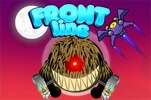 Futurystyczny krajobraz z dużym, włochatym potworem o jednym oku i szerokim uśmiechu, nad którym unosi się napis Front Line oraz mały latający statek kosmiczny na tle księżyca