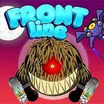 Futurystyczny krajobraz z dużym, włochatym potworem o jednym oku i szerokim uśmiechu, nad którym unosi się napis Front Line oraz mały latający statek kosmiczny na tle księżyca