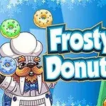 Kreskówkowy mors w stroju szefa kuchni trzymający kolorowe pączki z napisem Frosty Donuts na tle zimowego motywu, obok plansza z kolorowymi pączkami