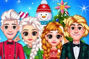 Cztery animowane postacie w świątecznych strojach z uśmiechem, śnieżnym bałwankiem i choinką w tle