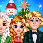 Cztery animowane postacie w świątecznych strojach z uśmiechem, śnieżnym bałwankiem i choinką w tle