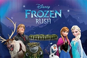 Postacie z filmu animowanego stojące na tle gór i zorzy polarnej, z dużym napisem Frozen Rush nad nimi