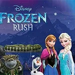 Postacie z filmu animowanego stojące na tle gór i zorzy polarnej, z dużym napisem Frozen Rush nad nimi