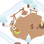 Obrazek przedstawia animowane, zaśnieżone leśne obozowisko z ogniskiem, postacią w zimowej odzieży i drewnianą konstrukcją między ośnieżonymi drzewami