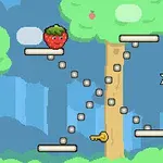 Pikselowa scena z truskawką i gwiazdką na tle lasu z platformami i kluczem