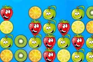Kolorowe owoce z uśmiechniętymi twarzami na niebieskim tle, w tym truskawki, plasterki pomarańczy, cytryny, kiwi i zielone jabłka