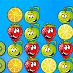 Kolorowe owoce z uśmiechniętymi twarzami na niebieskim tle, w tym truskawki, plasterki pomarańczy, cytryny, kiwi i zielone jabłka