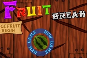 Kolorowy napis FRUIT BREAK na drewnianym tle z ikoną arbuza pośrodku i napisem NEW GAME