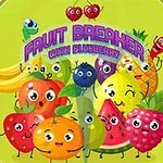Kolorowe owoce z twarzami i uśmiechami, w tym banany, pomarańcze, truskawki, ananas i jagoda na jasnozielonym tle z napisem Fruit Breaker with Blueberry