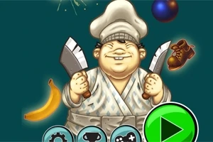 Kreskówkowy kucharz w białym stroju trzymający dwa tasaki, z bananem, butem i kolorową piłką wokół niego