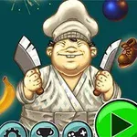 Kreskówkowy kucharz w białym stroju trzymający dwa tasaki, z bananem, butem i kolorową piłką wokół niego